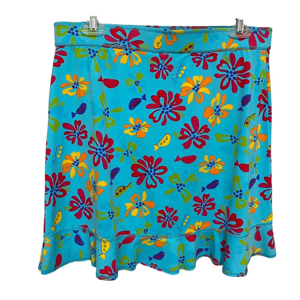 Fresh Produce Ruffle Swim Skirt Cover Up Splash Blue Floral Fish Sz L